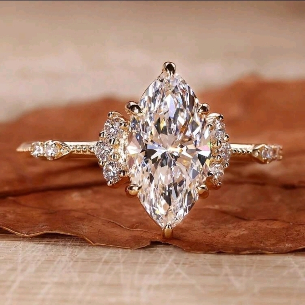 SS 925 Elegant Yellow  Gold Plate  Marquise Cut Ring